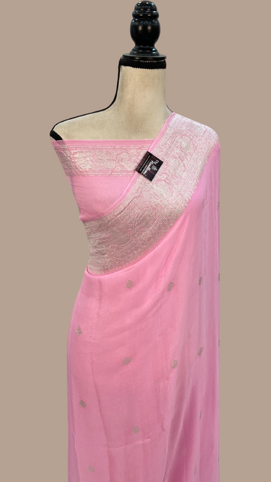 Pure Georgette Banarasi Handloom Saree - pink