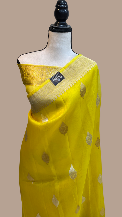 Yellow Pure Kora Handloom Banarasi Saree - Sona Roopa Alfi Kadua Boota - The Handlooms