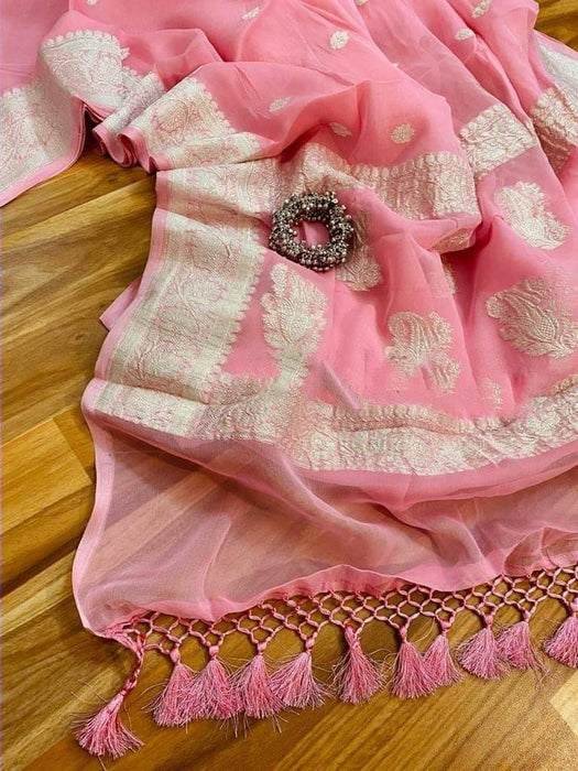 Pure Georgette Banarasi Saree - Pink - The Handlooms