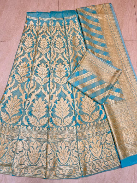 Aqua Blue Pure Khaddi Georgette Handloom Banarasi Lehenga - Stitched - The Handlooms