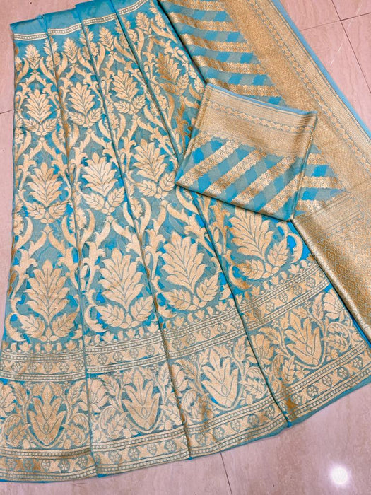 Aqua Blue Pure Khaddi Georgette Handloom Banarasi Lehenga - Stitched - The Handlooms
