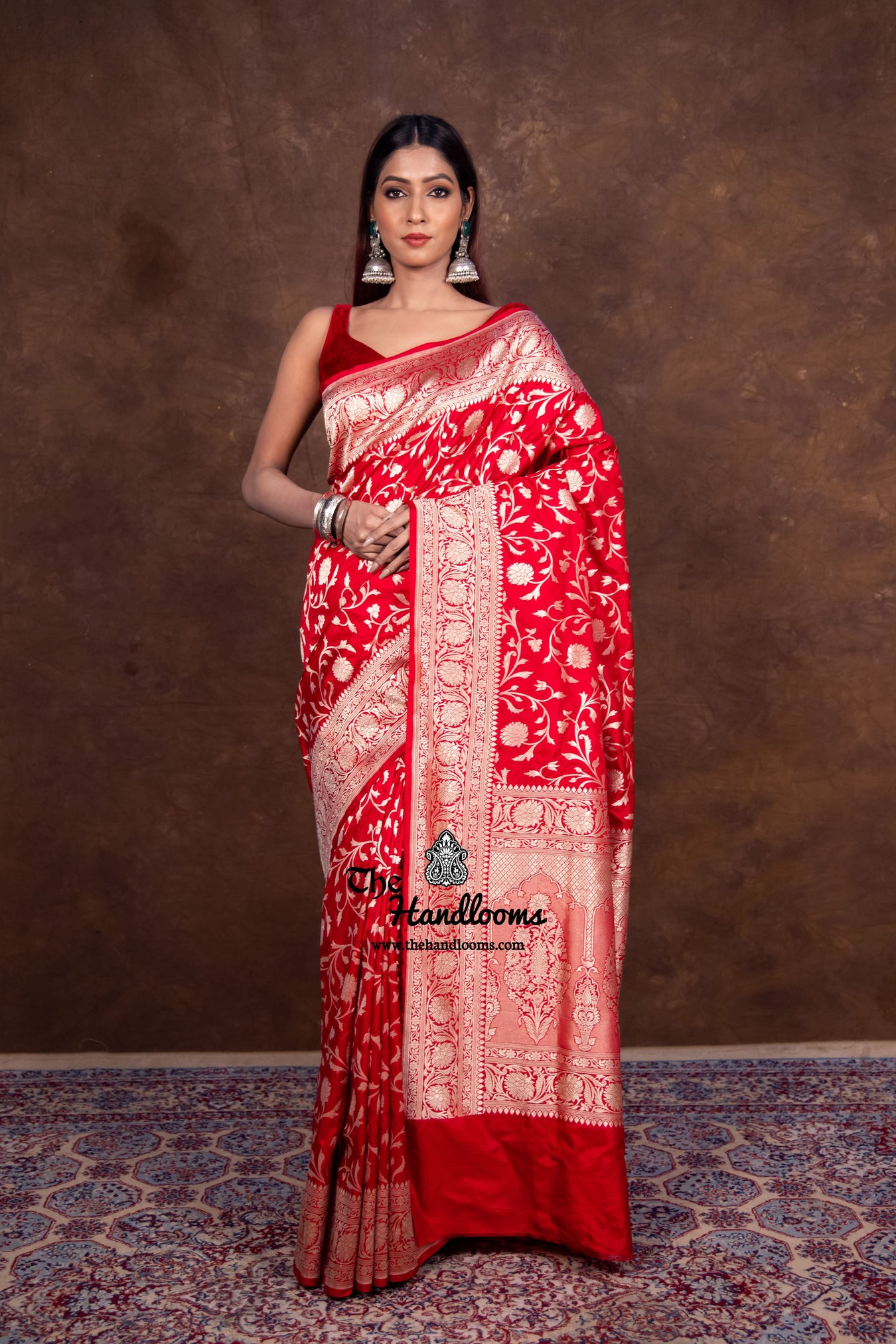 Katan Silk Saree - Gold Zari Jaal Work - The Handlooms