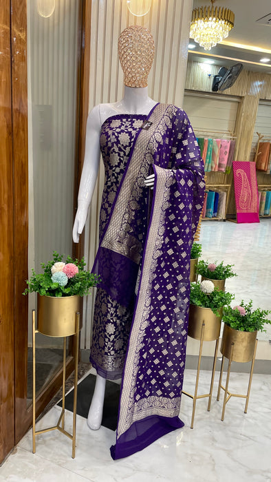 Purple Pure Khaddi Georgette Handlooms Banarasi Dress material