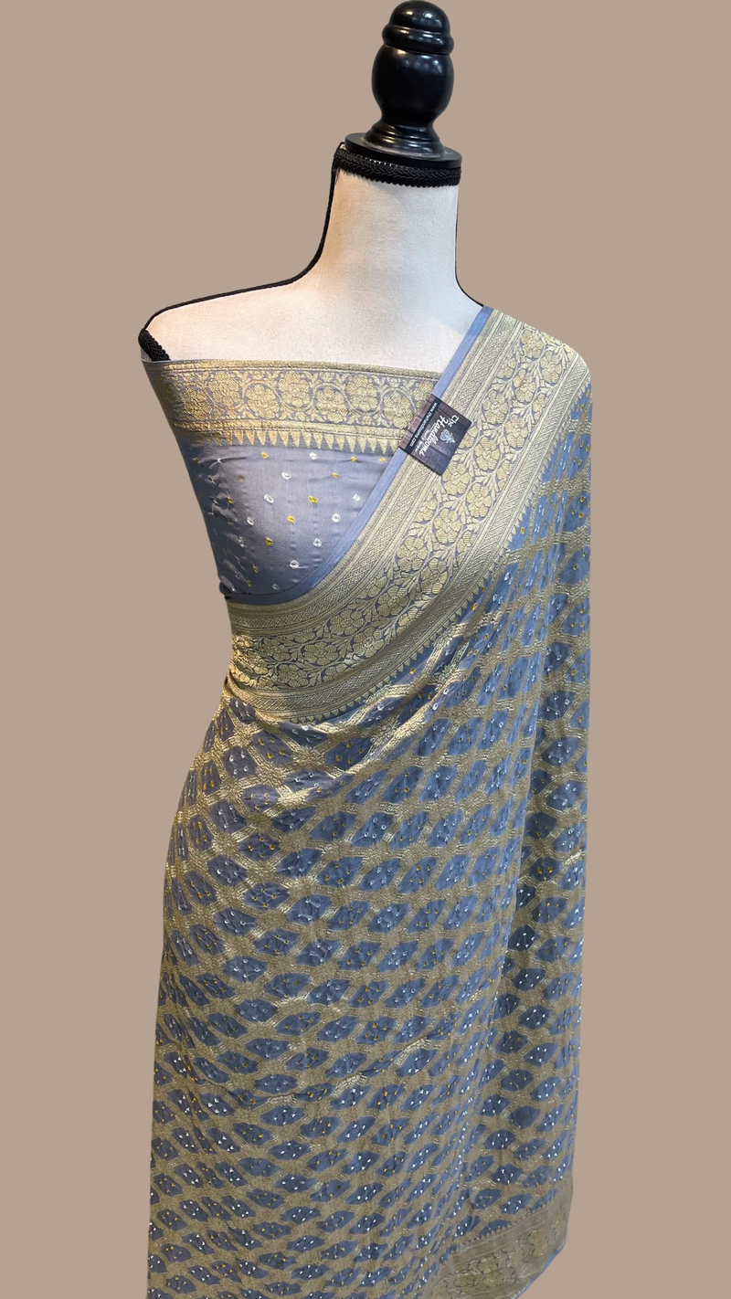 Grey Pure Georgette Banarasi Bandhej Handloom Saree - The Handlooms