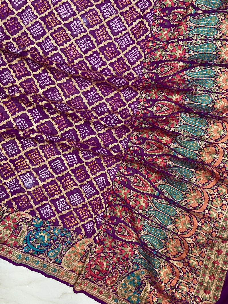 Pure Georgette Banarasi Bandhej Handloom Saree - Meenakari