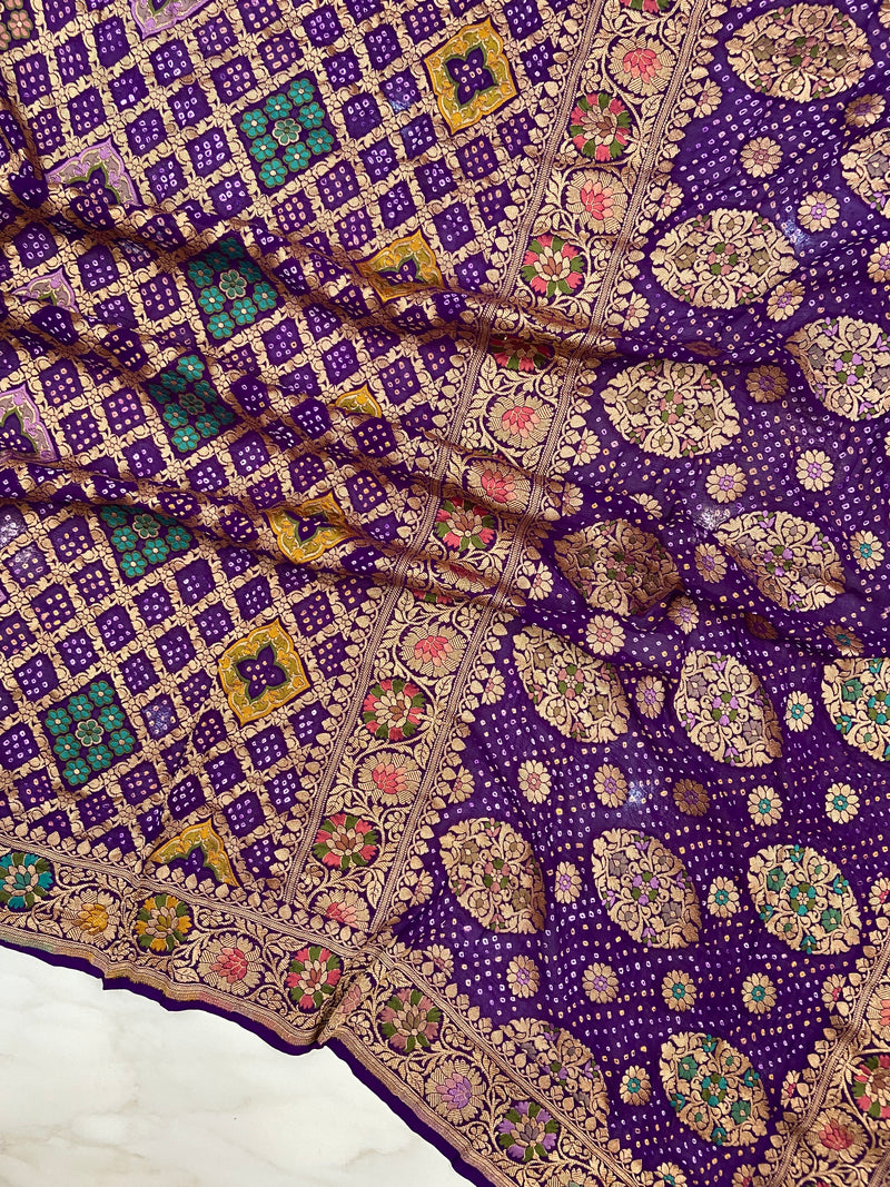Pure Georgette Banarasi Bandhej Handloom Saree - Meenakari