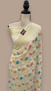Off-white Pure Khaddi Georgette Handloom Banarasi Saree - All over Jaal Work With Meenakari - The Handlooms