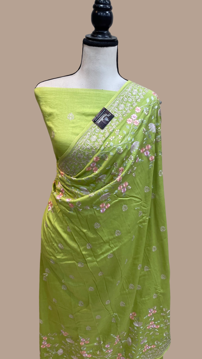 Pure Chiniya Silk Handloom Banarasi Saree With Chikankari - The Handlooms