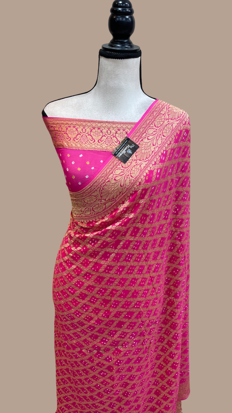 Pure Georgette Banarasi Bandhej Handloom Saree - The Handlooms