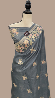 Tussar Silk Handloom Banarasi Saree With Chikankari - The Handlooms