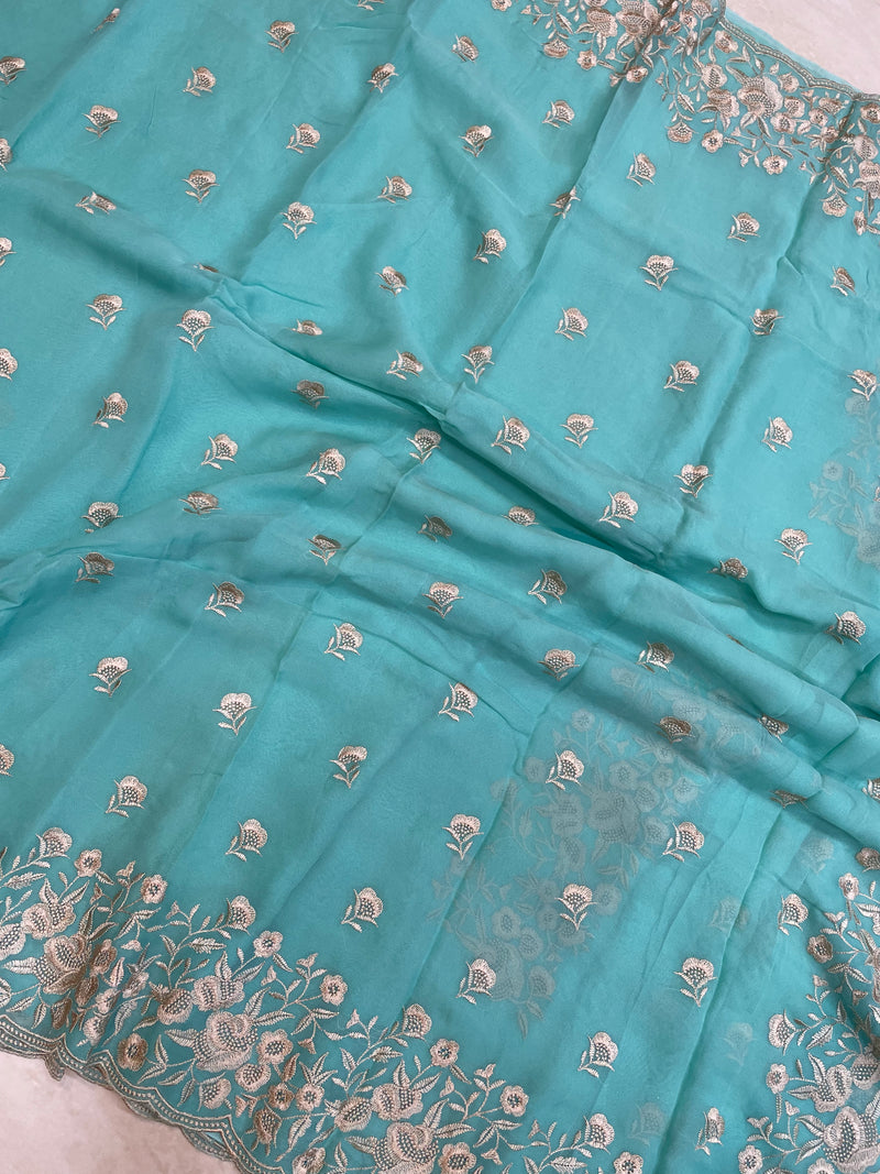 Pure Georgette Chikankari Handloom Banarasi Saree - The Handlooms