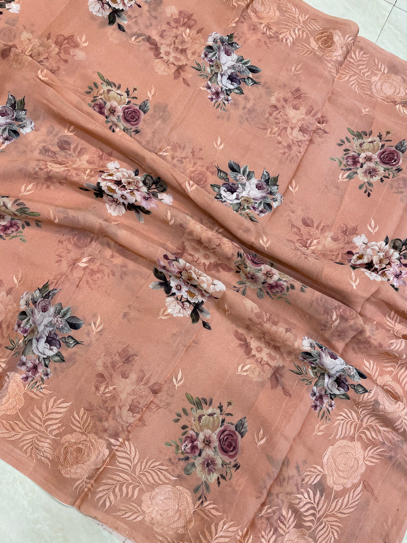 Pure Georgette  Digital Print with Chikankari Handloom Banarasi Saree - The Handlooms