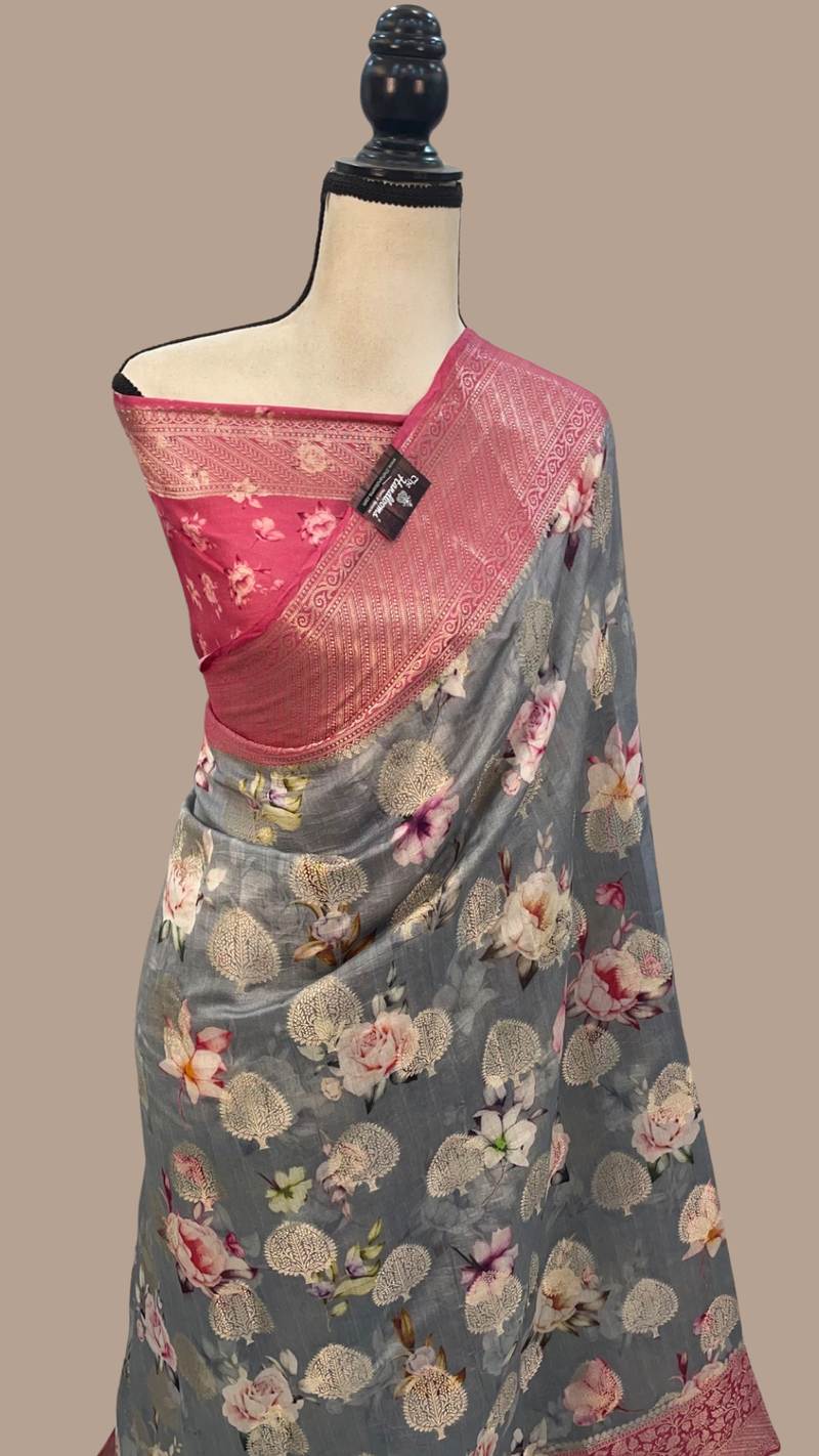 Pure Chiniya Silk Digital Print Handloom Banarasi Saree - The Handlooms