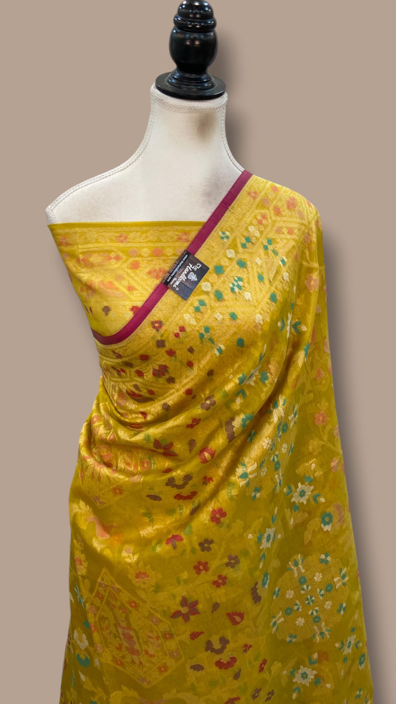 Pure Katan Silk Banarasi Handloom Saree - All Over Jaal Work With Meenakari