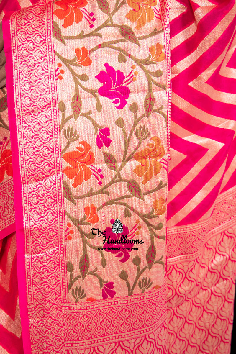 Hot Pink Pure Chiffon Khaddi Banarasi Saree - The Handlooms