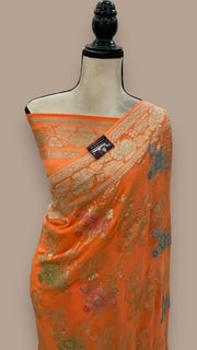 Peach Khaddi Georgette Handloom Banarasi Saree - All over Jaal Work With Meenakari - The Handlooms