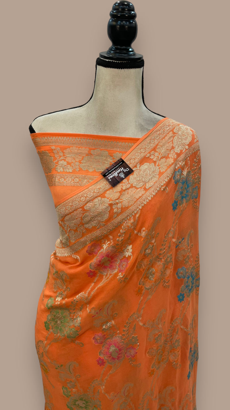 Peach Khaddi Georgette Handloom Banarasi Saree - All over Jaal Work With Meenakari - The Handlooms