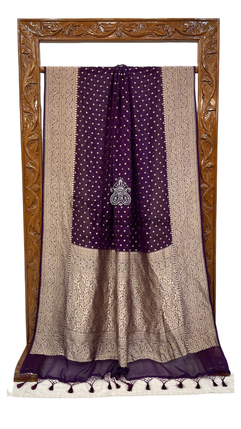 Wine Pure Khaddi Georgette Handloom Banarasi Saree - The Handlooms