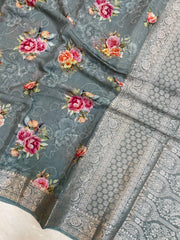 Pure Georgette  Digital Print with Chikankari Handloom Banarasi Saree - The Handlooms
