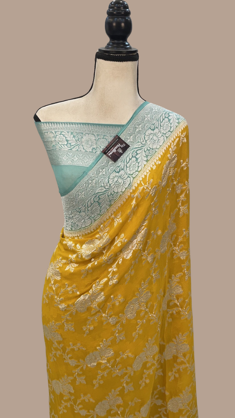 Yellow Khaddi Georgette Handloom Banarasi Saree - The Handlooms
