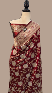 Maroon Pure Katan Silk Banarasi Handloom Saree - All Over Sona Roopa Jaal Work - The Handlooms