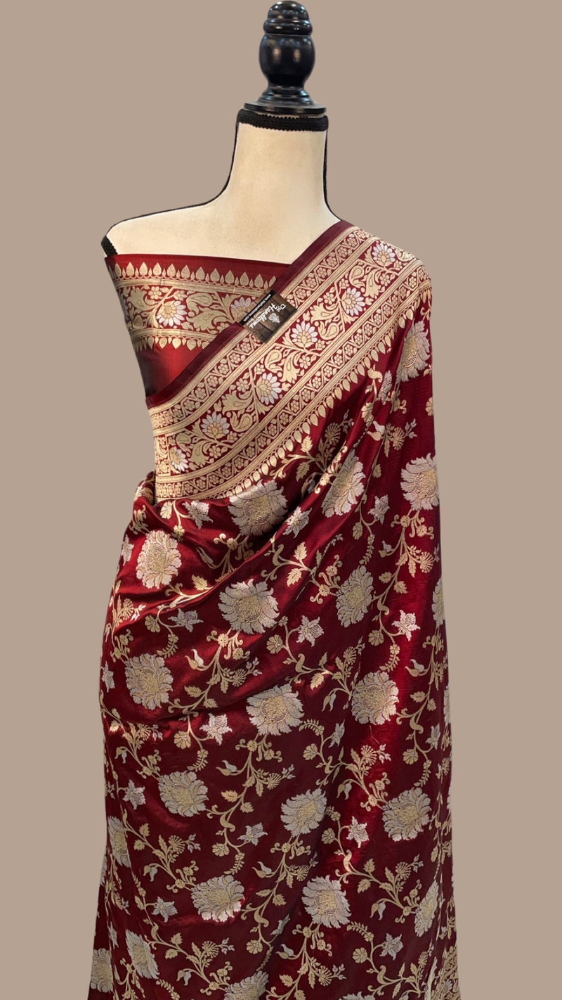 Maroon Pure Katan Silk Banarasi Handloom Saree - All Over Sona Roopa Jaal Work - The Handlooms