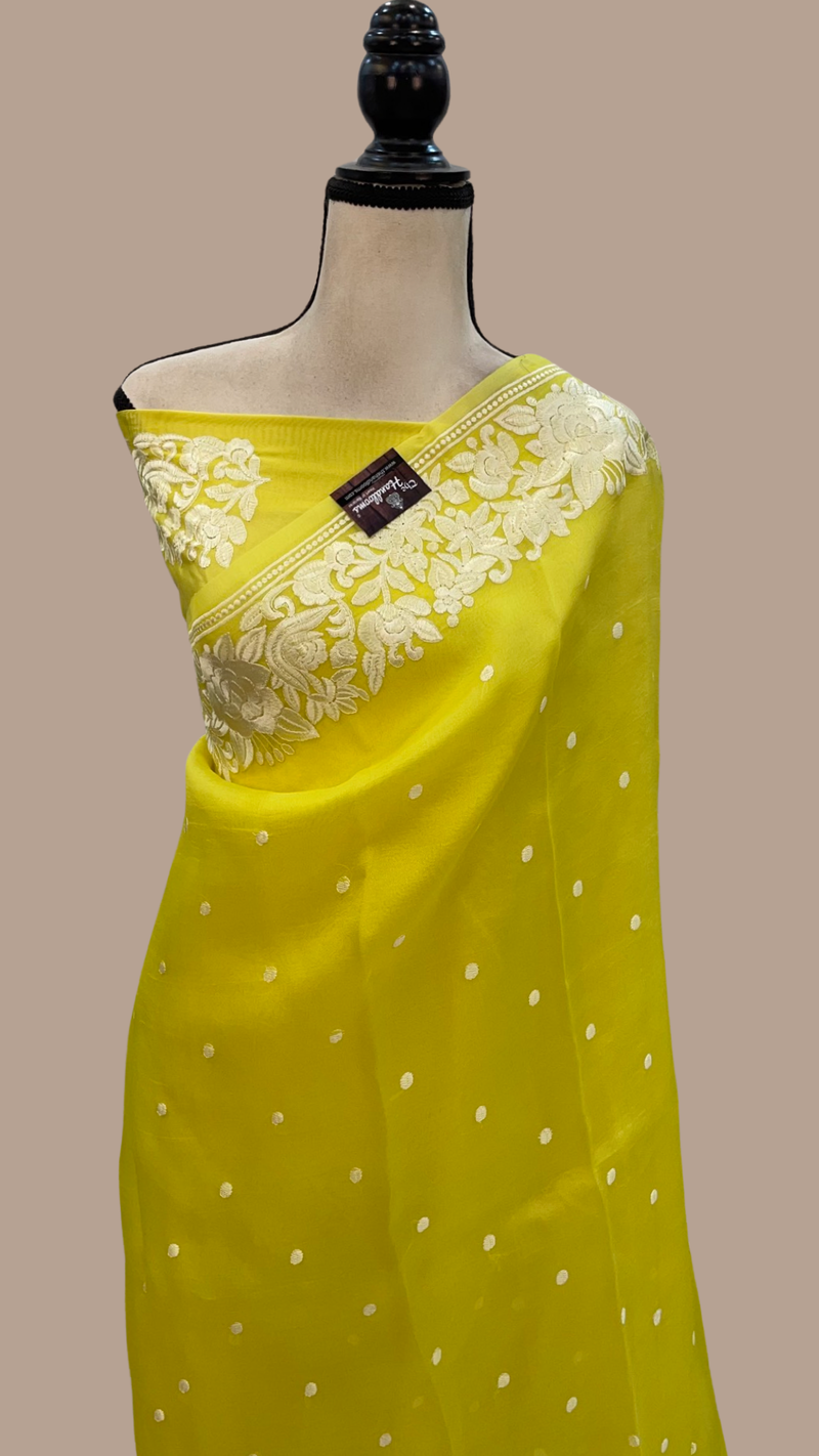 Yellow Pure Organza Chikankari Handloom Banarasi Saree - The Handlooms