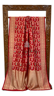 Red Pure Katan Silk Banarasi Handloom Saree - All over Jaal work with Meenakari - The Handlooms
