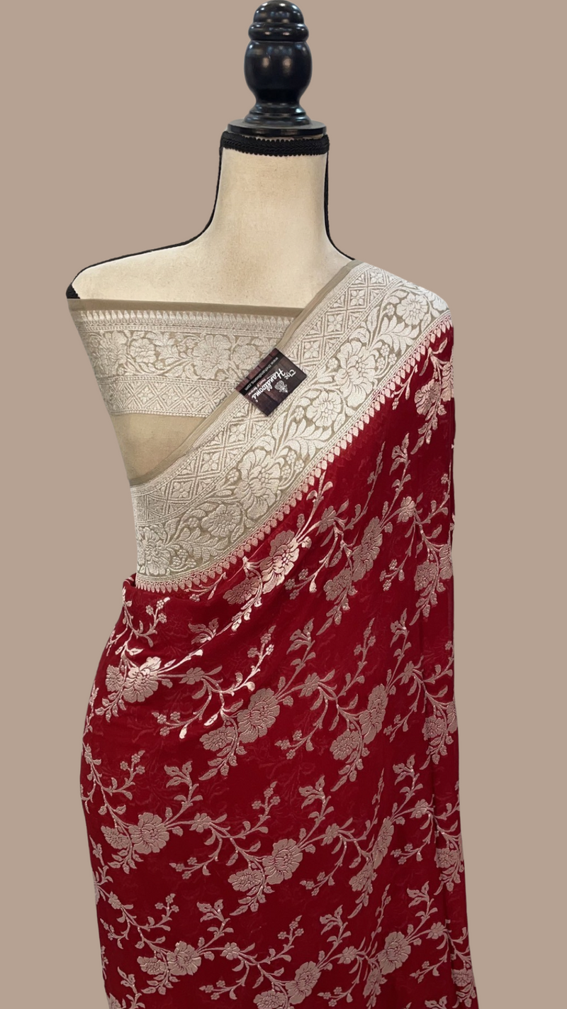 Red Khaddi Georgette Banarasi Saree - The Handlooms