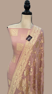 Onion Pink Pure Khaddi Georgette Handlooms Banarasi Dress material - The Handlooms