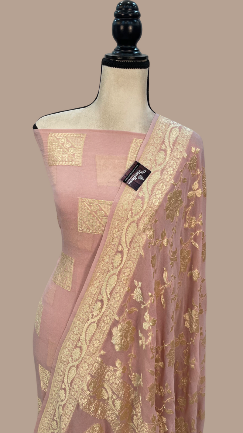 Onion Pink Pure Khaddi Georgette Handlooms Banarasi Dress material - The Handlooms