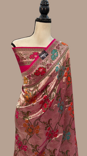 Hot Pink Pure Tussar Georgette Brocade Handloom Banarasi Saree - The Handlooms