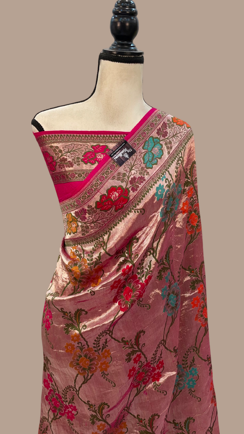 Hot Pink Pure Tussar Georgette Brocade Handloom Banarasi Saree - The Handlooms