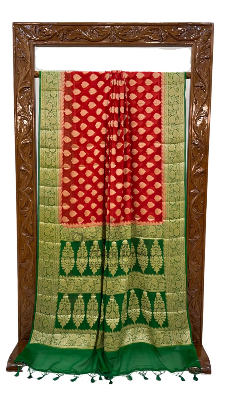 Red Pure Chiffon Khaddi Banarasi Saree - The Handlooms