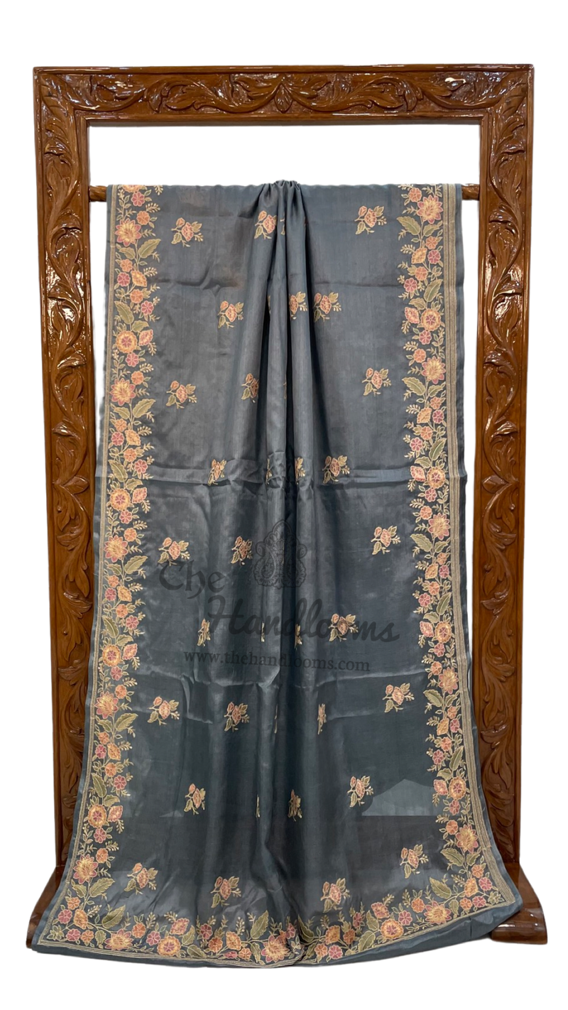 Tussar Silk Handloom Banarasi Saree With Chikankari - The Handlooms