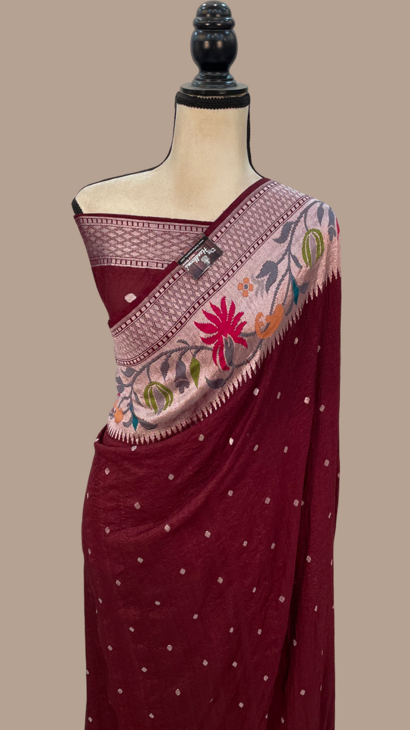 Tussar Georgette Handloom Banarasi Saree - Paithani Border - The Handlooms