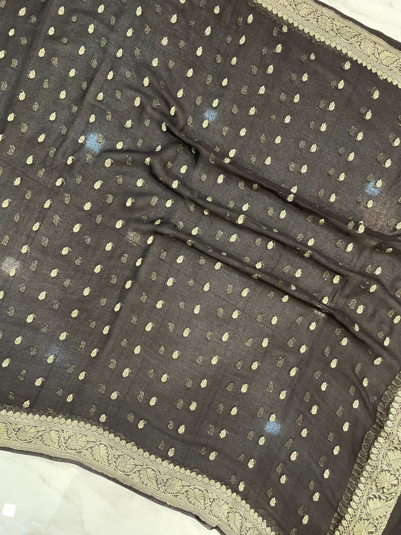 Pure Georgette Dupatta - Black silver zari - The Handlooms