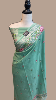 Pure Georgette Chikankari Handloom Banarasi Saree - The Handlooms