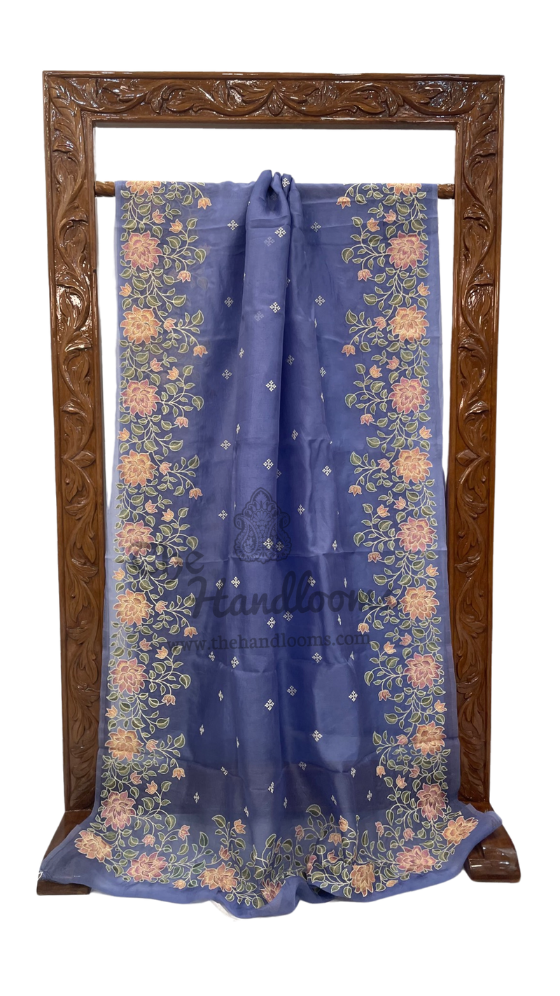 Purple Pure Organza Chikankari Handloom Banarasi Saree - The Handlooms