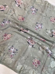 Pure Georgette  Digital Print with Chikankari Handloom Banarasi Saree - The Handlooms