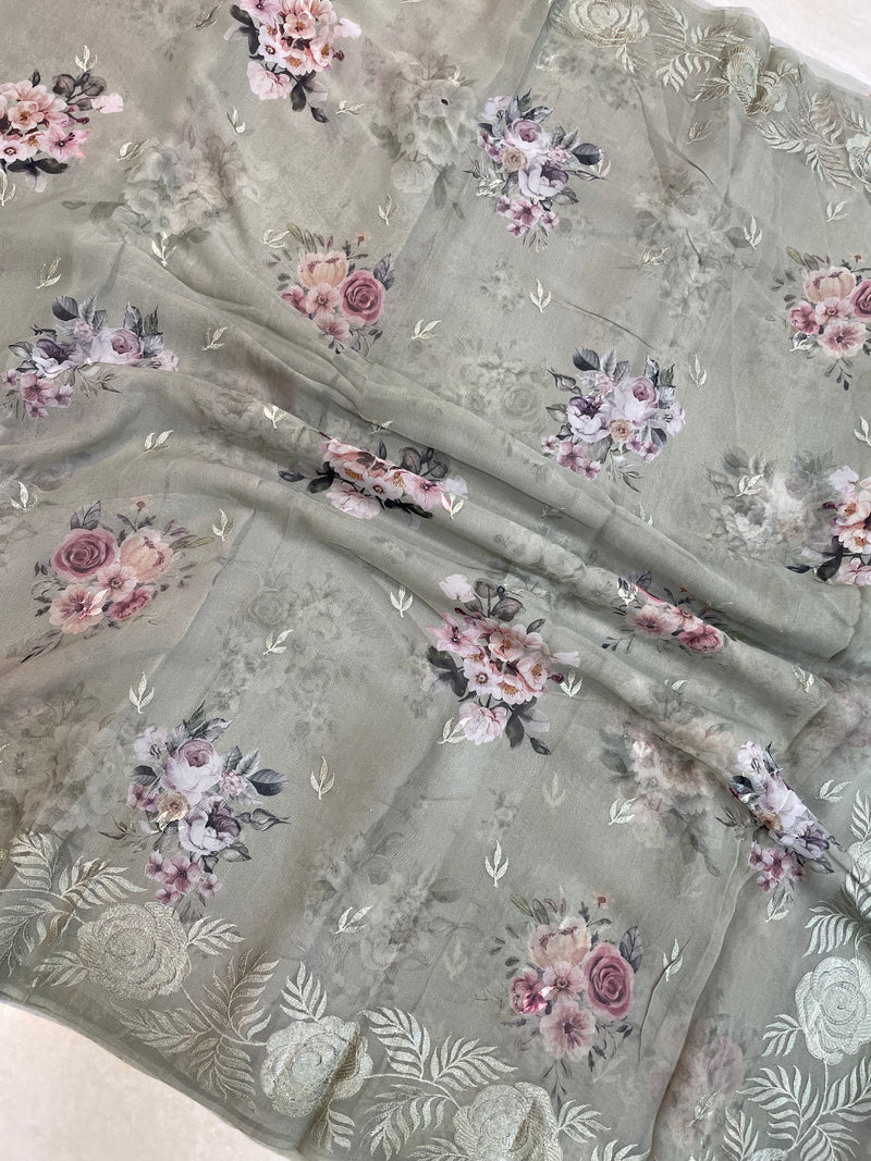 Pure Georgette  Digital Print with Chikankari Handloom Banarasi Saree - The Handlooms