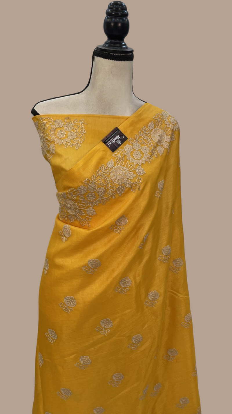 Tussar Silk Handloom Banarasi Saree With Chikankari - The Handlooms