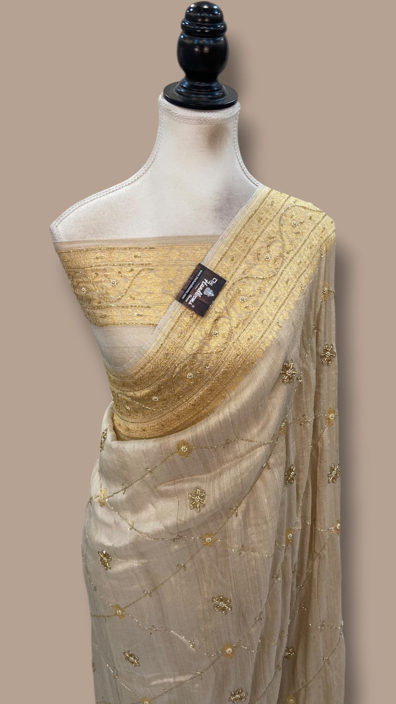 Pure Tussar Georgette Handloom Banarasi Saree with Handwork: Gota Patti, Zardozi, Diamond Chain, Katdana, and Abla Detailing