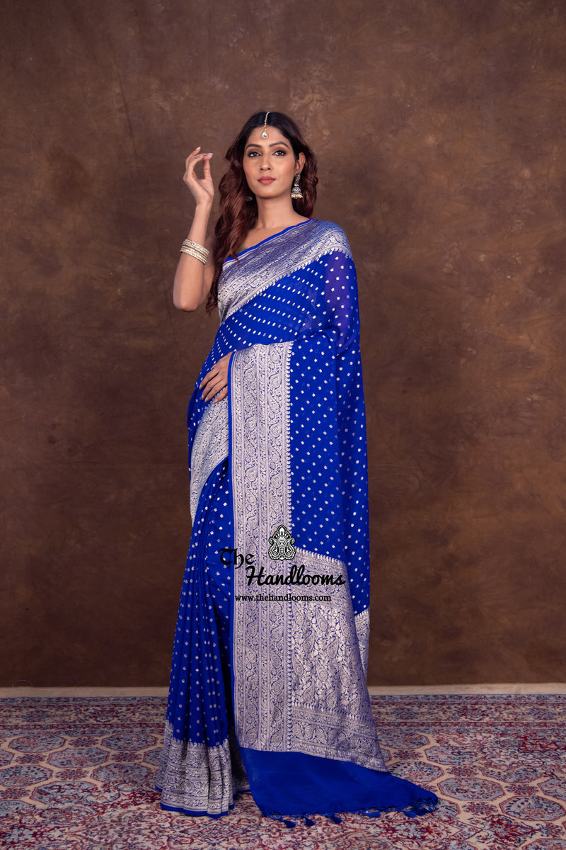 Royal Blue Khaddi Georgette Handloom Banarasi Saree - The Handlooms