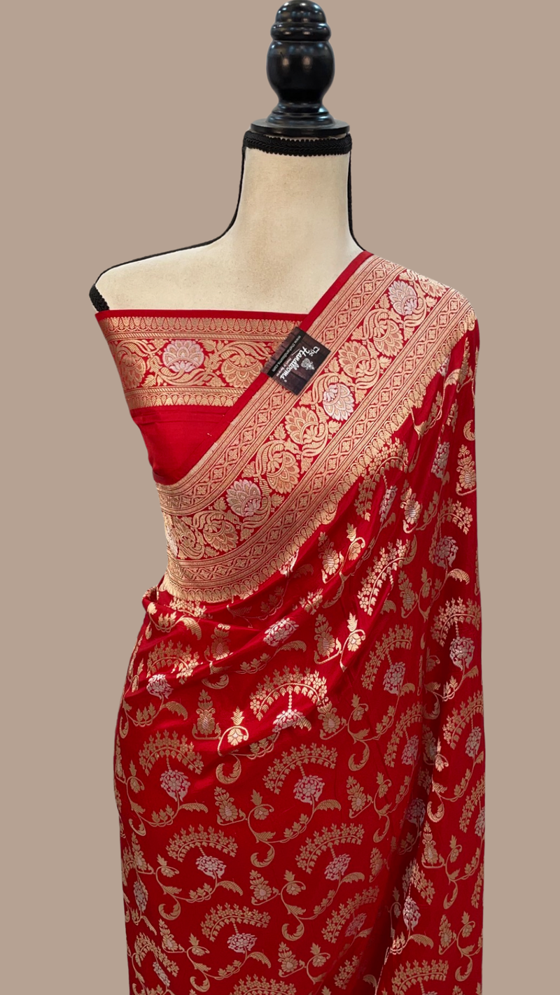 Red Pure Katan Silk Banarasi Handloom Saree - All over Sona Roopa Jaal work - The Handlooms