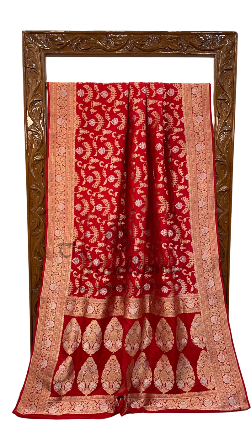 Red Pure Katan Silk Banarasi Handloom Saree - All over Sona Roopa Jaal work - The Handlooms