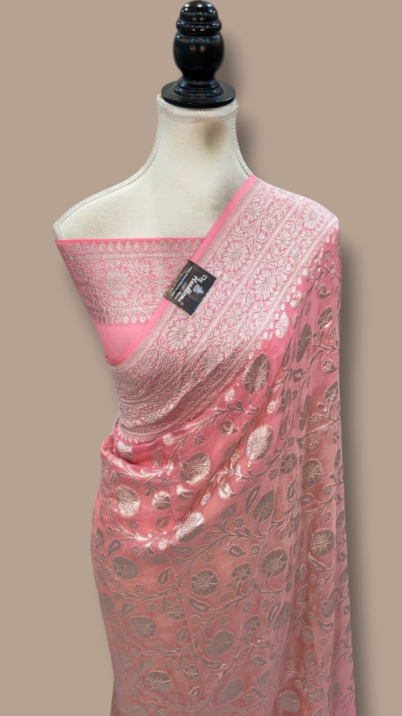 Pure Khaddi Georgette Handloom Banarasi Saree - Silver Zari