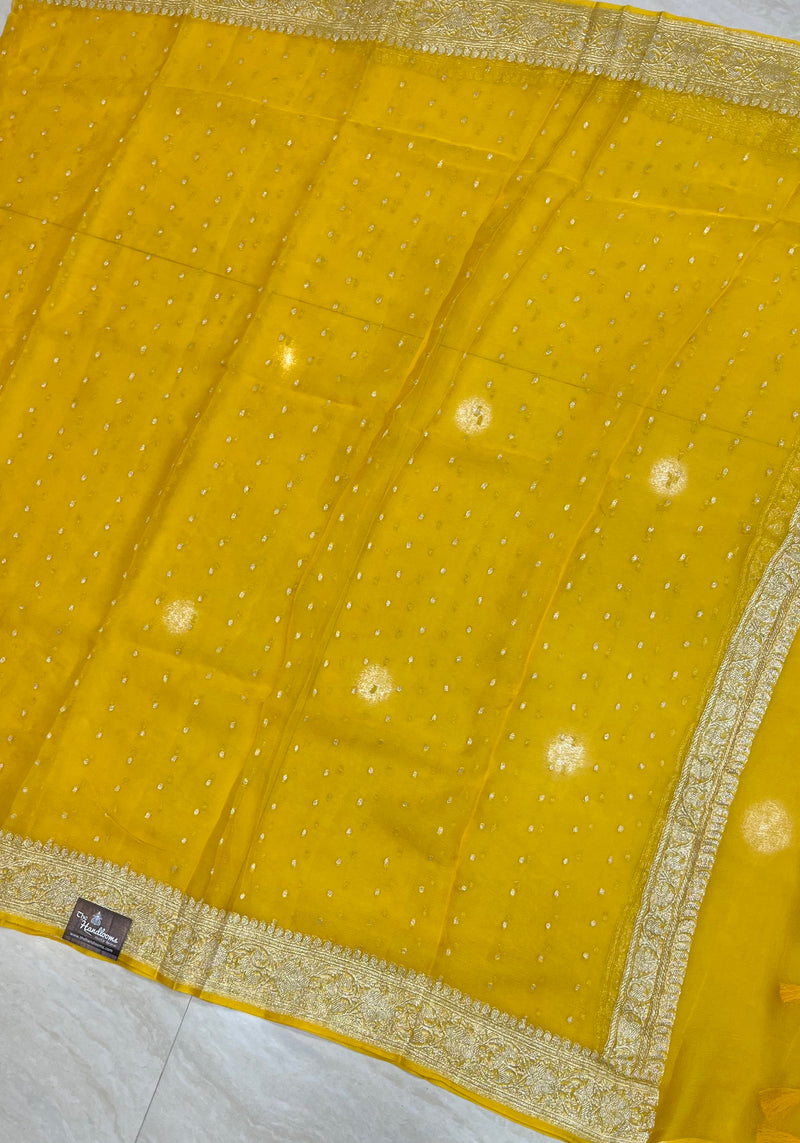 Pure Georgette Dupatta - Yellow silver zari - The Handlooms