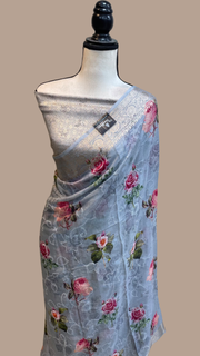 Pure Georgette  Digital Print with Chikankari Handloom Banarasi Saree - The Handlooms