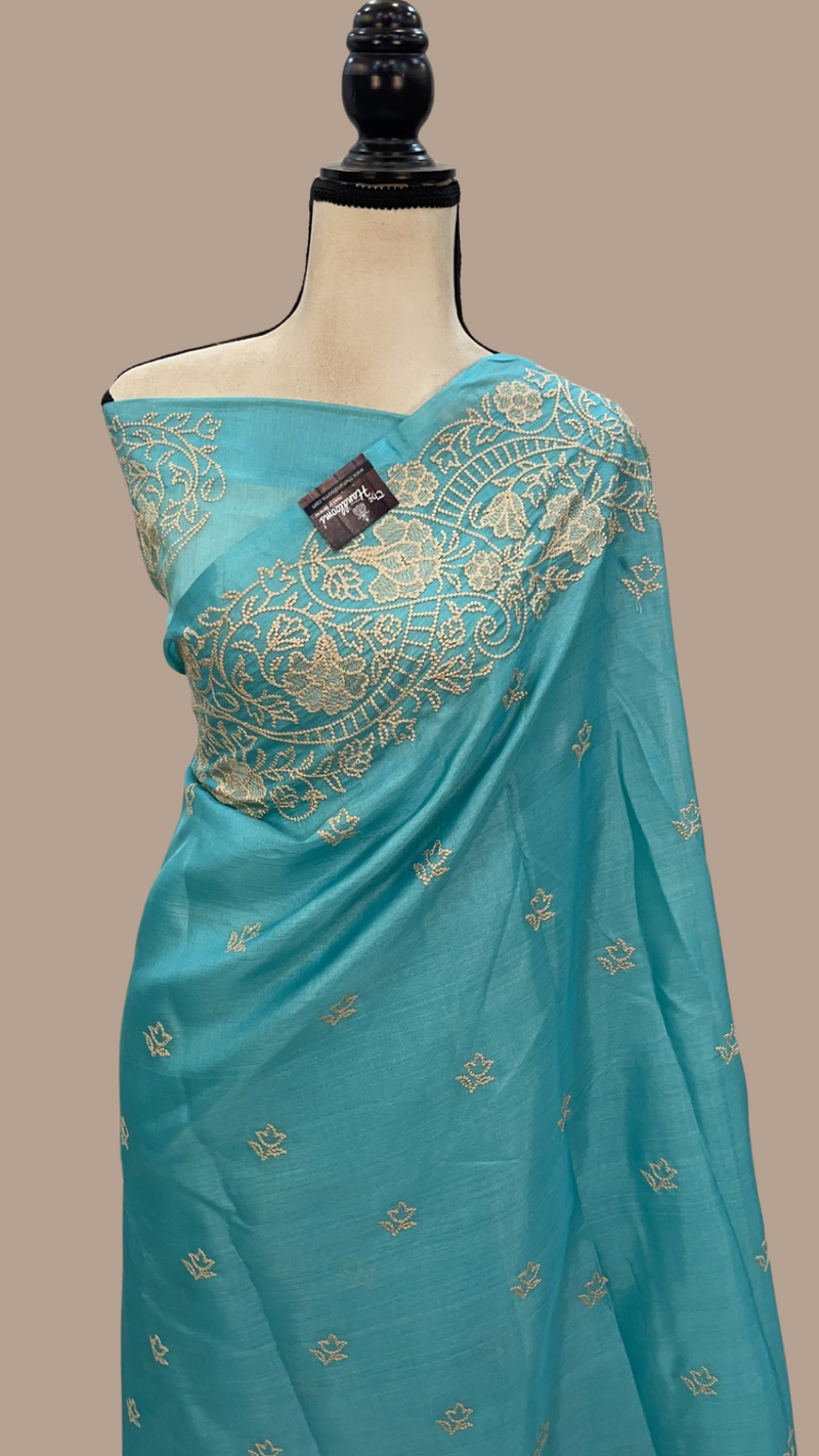 Tussar Silk Handloom Banarasi Saree With Chikankari - The Handlooms